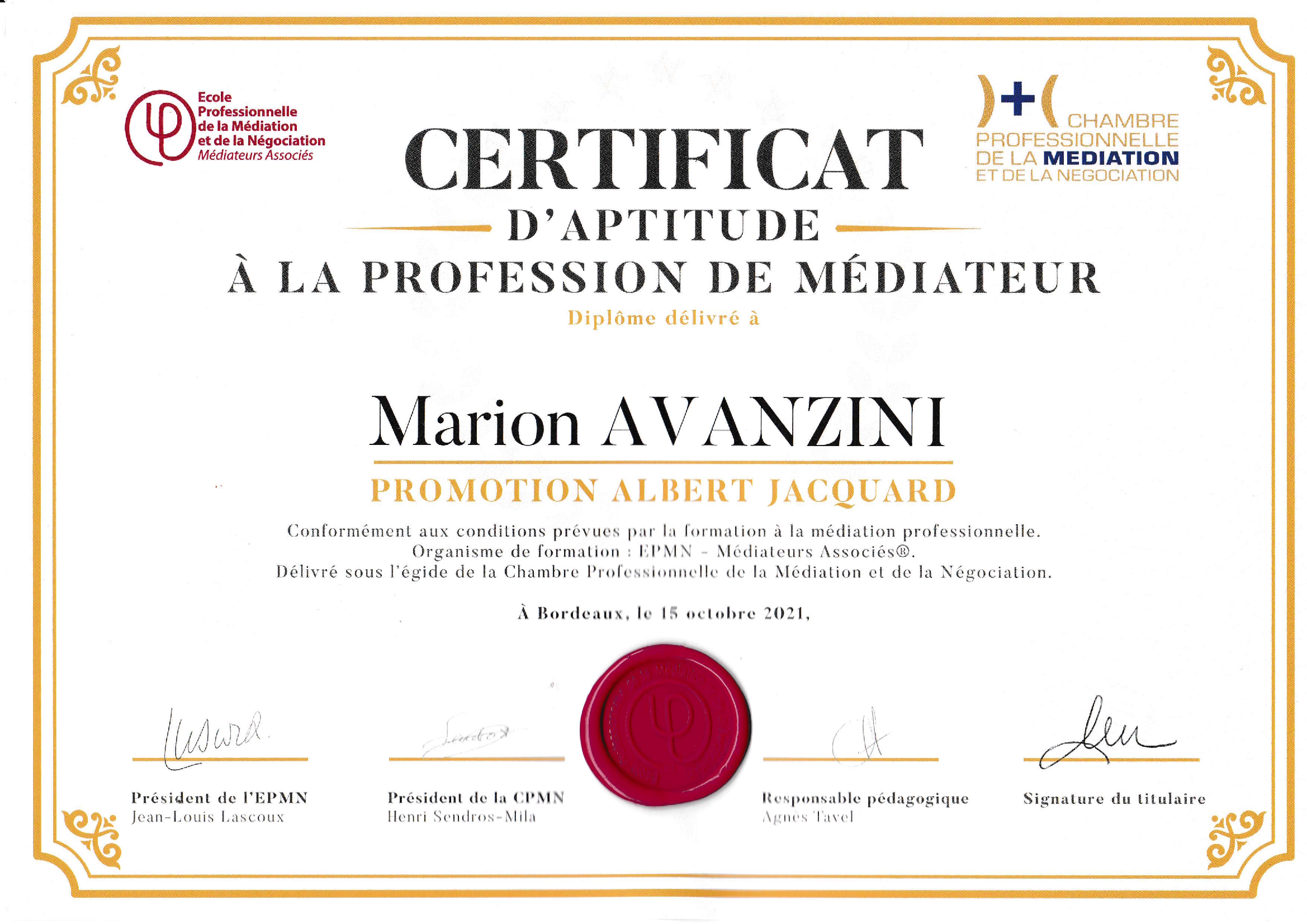 Certificat médiatrice